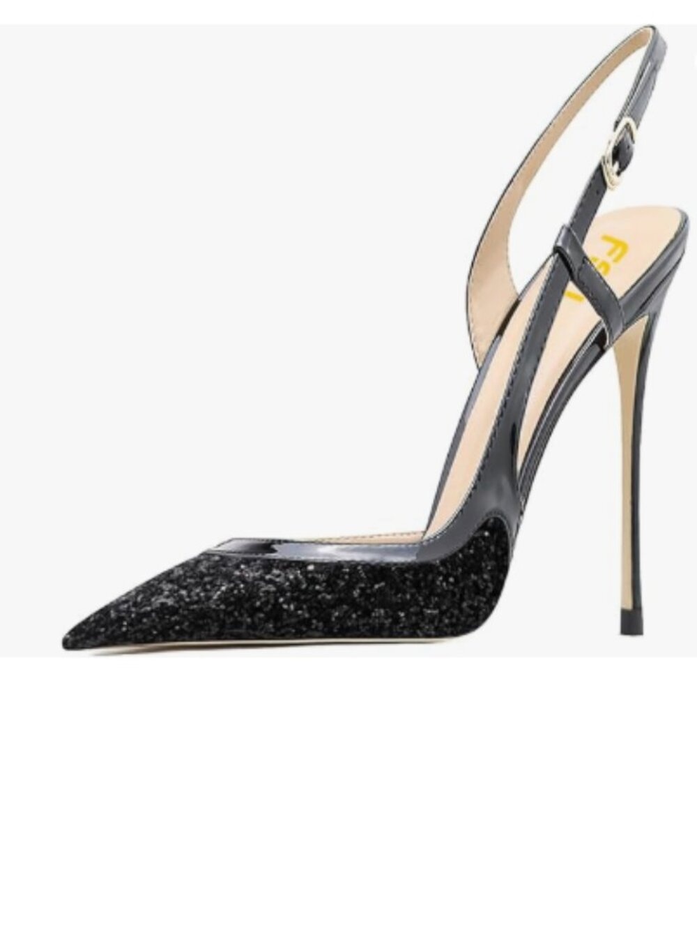 FSJ Black Glitter Pointed Toe D'Orsay High Heel Slingback Pumps